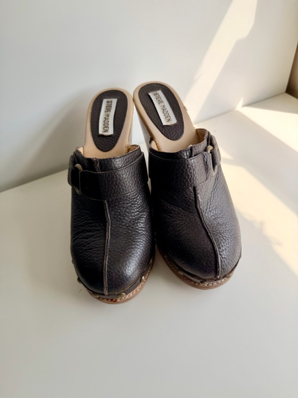 Steve Madden Dark Brown Leather Slip-On Mule Clogs